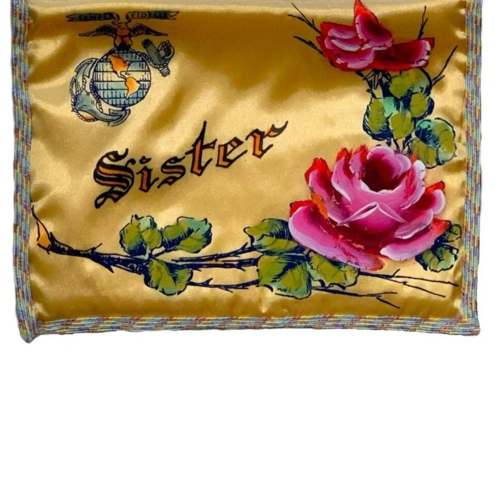 Vtg WWII US Marine Corps SISTER Souvenir Satin Hankie Lingerie Pocket Holder